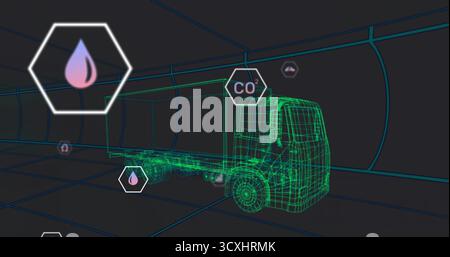 Navigation d'un semi-camion filaire vert à travers un couloir de grille virtuelle, avec gouttelettes hexagonales et CO ? icônes Banque D'Images
