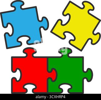 Quatre pièces de puzzle imbriquées en bleu, jaune, rouge et vert sont représentées sur fond blanc. Les pièces sont délimitées en noir, avec trois Illustration de Vecteur