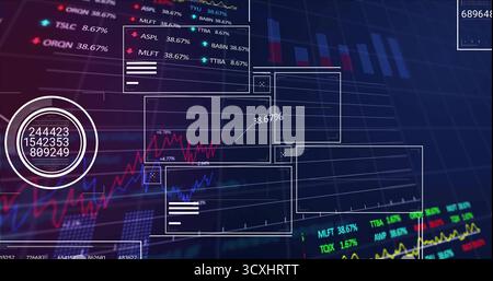 Affichage de panneaux translucides montrant des graphiques linéaires et des graphiques à barres dans l'interface utilisateur de trading, avec des étiquettes de pourcentage Banque D'Images