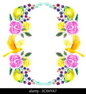 Couronne florale peinte à la main à l'aquarelle avec bannière de ruban et deux oiseaux jaunes Banque D'Images