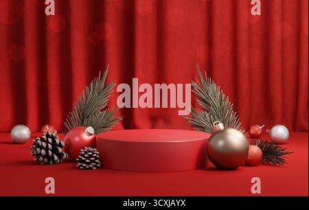 Scène décorative de Noël avec podium rouge et éléments d'hiver. Illustration de rendu 3D. Banque D'Images