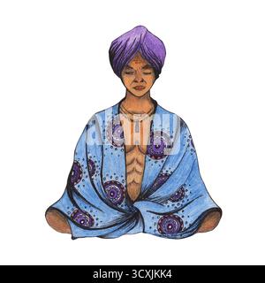 Homme indien en position lotus, en costume exotique national, dessinant des crayons de couleur. Un yogi médite en turban, pratique de la respiration. Sikh dessiné à la main Banque D'Images
