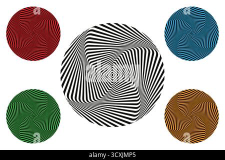 Set Op Art conception de logo de cercle en spirale coloré avec effet de distorsion visuelle faisant une illusion optique de tunnel. Bannière hypnotique, icône de design artistique vec Illustration de Vecteur