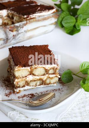 Tiramisu. Tiramisu au café classique avec coccinelles et crème de mascarpone, saupoudrée de poudre de cacao sur fond blanc. Dessert italien. Banque D'Images