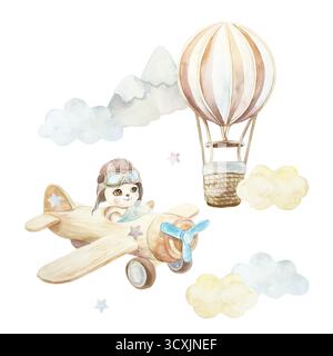 Ours en peluche volant dans un avion, montgolfière, nuages. Illustration d'aquarelle dessinée à la main isolée. Clip art pastel pour cartes d'anniversaire, bébé Banque D'Images
