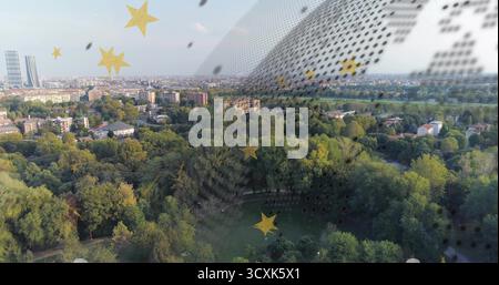 Affichage du paysage urbain à partir d'une vue surélevée sur le parc et les maisons, avec maille pointillée, graphiques d'étoiles jaunes Banque D'Images