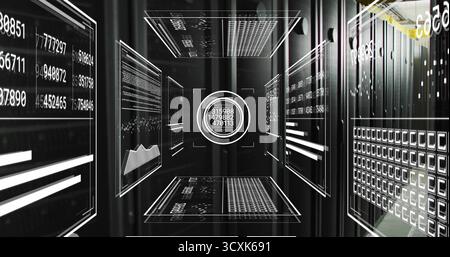 Panneaux holographiques affichant des diagrammes de données dans le couloir du serveur avec racks de serveur et câbles réseau Banque D'Images