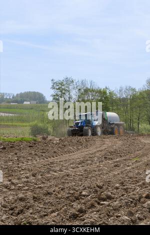 Un tracteur bleu traverse un champ de saleté. Le tracteur pulvérise un liquide sur le sol Banque D'Images