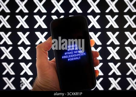 Eine hand hält ein Mobiltelefon, auf dessen Display Begriffe wie Hetze, Hass, Fake News, Beleidigungen und Gewalt zu sehen sind. IM Hintergrund zeigt ein Bildschirm mehrfach das logo der Plattform X. Symbolbild für problematische Inhalte in sozialen Netzwerken. *** Une main tient un téléphone portable, dont l'écran affiche des termes tels que discours de haine, haine, fausses nouvelles, insultes et violence. En arrière-plan, un écran affiche à plusieurs reprises le logo de la plateforme X. image symbolique pour les contenus problématiques sur les réseaux sociaux. Nordrhein-Westfalen Deutschland, Allemagne GMS19720 Banque D'Images