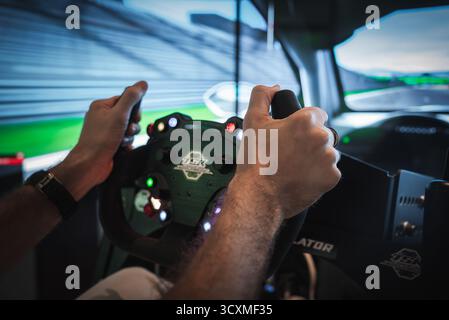 Gros plan des mains sur la roue de simulateur de course avec LED et leviers de vitesses Banque D'Images