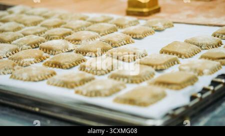 Carrés de pâte de raviolis frais faits maison disposés uniformément sur une plaque de cuisson prête pour la cuisson ou la cuisson Banque D'Images