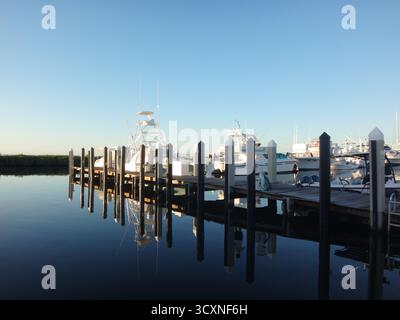 Yachts amarrés à une marina paisible par un matin calme Banque D'Images