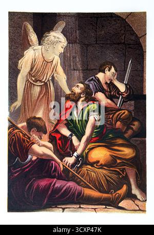 Illustration de Pierre délivré de prison libéré par un Ange (actes) du XIXe siècle la Bible de la famille d'auto-interprétation William Mackenzie Publishi Banque D'Images