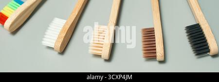 Brosses à dents écologiques en bambou avec des poils colorés et naturels sur fond gris. Banque D'Images
