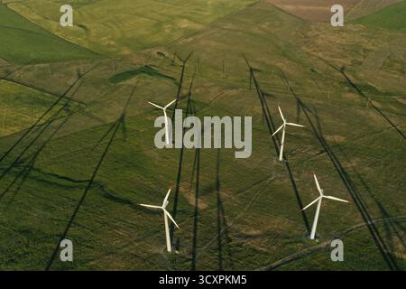 Les éoliennes projettent de longues ombres sur un vaste champ vert, illustrant la production d'énergie renouvelable et la production d'énergie durable à partir d'une antenne Banque D'Images