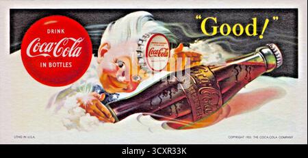 1953, USA : publicité pour la boisson de LA SOCIÉTÉ américaine COCA COLA en ITALIE , sous forme de papier buvard ( BUVARD BLOTTER ) pour stylos à encre . Avec slogan : GOOD ! . Peintre inconnu .- HIVER - INVERNO - NEIGE - NEVE - nevicata - SCI - SKI - SPORT - FOOD - CIBO - DRINK - BEVANDE - FREDDO - FREEZER - GHIACCIO - ICE - GASTRONOMIA - COKE - CARTA ASSORBENTE - penna stilografica a inchiostro - INDUSTRY - industria - bibite Gassate - pubblicità - PUBBLICITY - ANNUNCIO PUBBLICITARIO PUBBLICITARIO - ANNI - illustration - COBOTTA - COBOTTA - 40 - Coctila - Coctila - Coctila - Coctila - Cola - 40 MARCHIO - MARK Banque D'Images