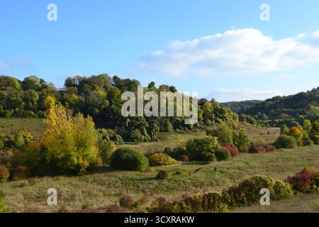 Une vallée à l'est du village de Shoreham, Kent, appelée Magpie Bottom et Fackenden Down, près de Darent Valley, au début de l'automne. Randonnée pédestre près de Londres, Royaume-Uni Banque D'Images