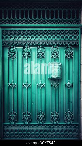 Portail en métal turquoise orné avec des motifs décoratifs complexes et une boîte aux lettres vintage attachée dans un cadre urbain Banque D'Images