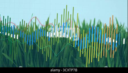 Affichage de la superposition de graphique à barres sur les prairies sous le ciel bleu quadrillé, avec des barres en chandelier et des graphiques linéaires Banque D'Images