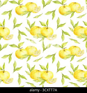 Motif avec des fruits de yuzu jaune et des branches feuillues créés comme illustration d'aquarelle, clipart sans couture dessiné à la main. Parfait pour le papier d'emballage, la conception textile, la papeterie et l'image de marque culinaire. Banque D'Images