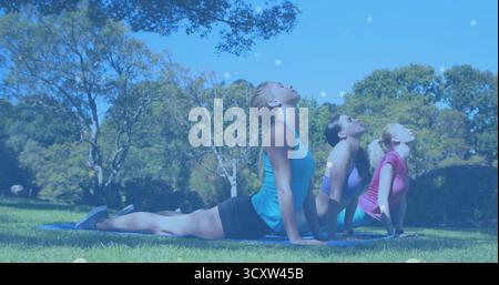 Dos arqués, trois femmes pressant les mains dans des tapis de yoga sur la pelouse du parc, montrant une tenue athlétique Banque D'Images