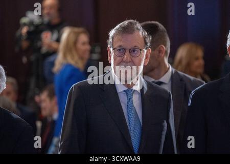 Madrid, Espagne. 16 octobre 2025. Mariano Rajoy Brey, ancien premier ministre espagnol de 2011 à 2018, assiste à un petit-déjeuner d’information à l’hôtel four Seasons de Madrid. Crédit : SOPA images Limited/Alamy Live News Banque D'Images