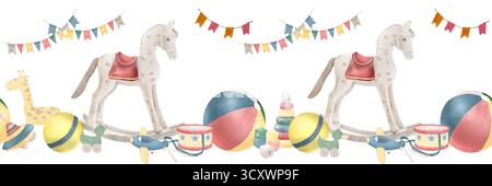 Cheval à bascule, drapeaux et balles, frontière sans couture. Illustration numérique aquarelle. Avion et tambour, jouets pour enfants isolés sur fond blanc. Pour Banque D'Images