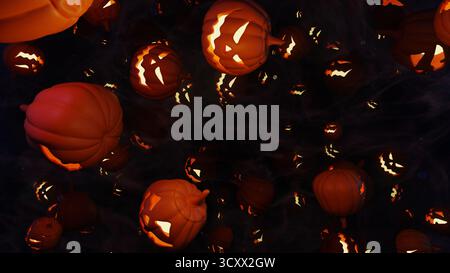 Citrouille dans la nuit, illustration de rendu 3D avec Jack-o'-lanterne lumineuse entourée de brume et de lumière tamisée, parfait pour les publicités d'Halloween, les affiches, un Banque D'Images