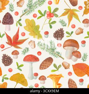 Motif d'automne sans couture avec champignons, branches de pin, épicéa, baies d'automne, cônes. Aquarelle illustration botanique dessinée à la main sur fond blanc Banque D'Images