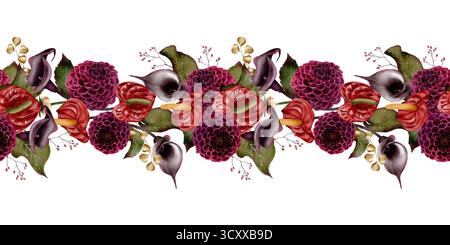 Bordure florale sans couture avec dahlias Bordeaux, lys calla violet foncé, et feuilles vertes, illustration aquarelle sur fond blanc.pour invi de mariage Banque D'Images