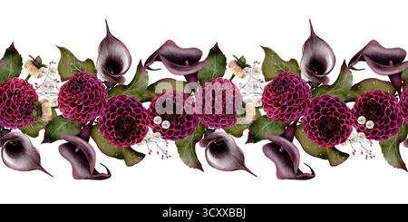 Bordure florale aquarelle sans couture avec dahlias Bordeaux, lys calla violet foncé, feuilles vertes et petites baies blanches sur fond blanc. Parfait pour les invitations, l'emballage et la conception de mariage. Banque D'Images