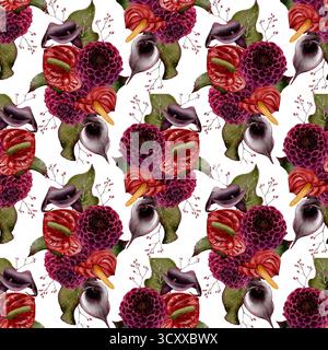 Motif aquarelle sans couture avec anthuriums Bordeaux, lys calla et dahlias sur fond blanc. L'illustration à la main convient aux textiles, aux emballages, aux cartes postales, à la décoration et aux décorations de vacances. Banque D'Images