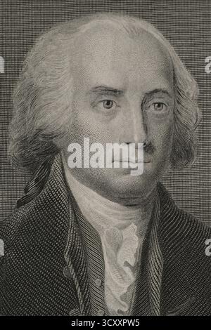 James Madison (1751-1836) Homme d'État américain, diplomate et père fondateur. Quatrième Président des États-Unis d'Amérique (1809-1817). Portrait. Gravure de C. Cook d'après Gilbert Stuart (1755-1828). Détail. Histoire des États-Unis, par J. A. Spencer. Volume III Edition publié à Barcelone, 1873. Auteur : Gilbert Stuart (1755-1828). Peintre américain. Banque D'Images
