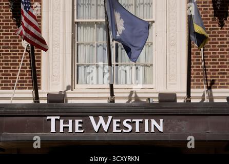 L'entrée de l'hôtel Westin à Greenville, Caroline du Sud, propriété de Westin Hotels and Resorts, une chaîne haut de gamme appartenant à Marriott International. Banque D'Images
