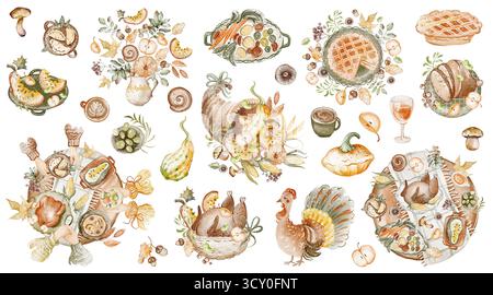 Pack clipart aquarelle de Thanksgiving avec des éléments d'automne, des citrouilles, de la dinde, des pommes, des glands et des feuilles. Parfait pour les invitations cartes postales, cartes, menu Banque D'Images