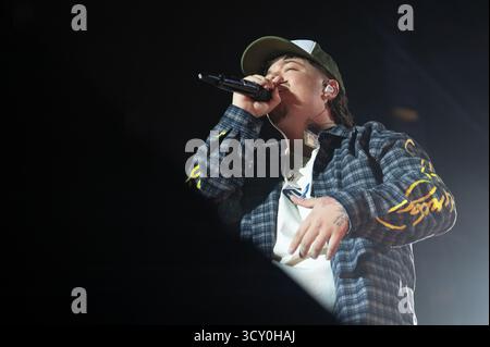 Madrid, Espagne. 16 octobre 2025. Le chanteur Miguel Cantos connu sous le nom de Saiko se produit lors de son concert à la Movistar Arena, le 15 octobre 2025, à Madrid, en Espagne. (Photo par Oscar Gonzalez/Sipa USA) crédit : Sipa USA/Alamy Live News Banque D'Images