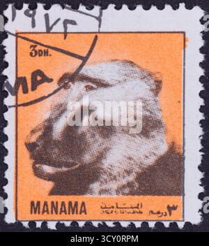 Un timbre-poste présente un portrait en gros plan de la tête d'un babouin de profil. Le timbre a un fond orange et du texte noir. Banque D'Images