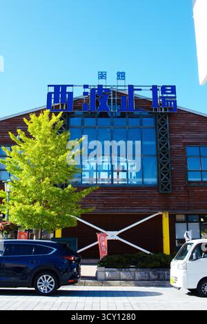 HAKODATE, JAPON : un panneau vert et blanc moderne pour la ville de Hakodate, situé près de la gare de Hokkaido. Banque D'Images