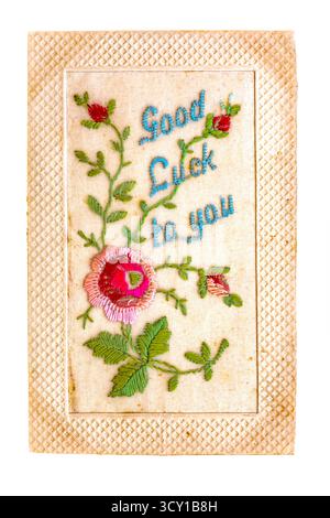 Carte postale de Noël brodée en soie WW I, « bonne chance à vous » Banque D'Images