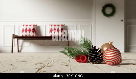 Éléments de décoration de Noël avec ornements et pin pour une ambiance festive. Illustration de rendu 3D. Banque D'Images