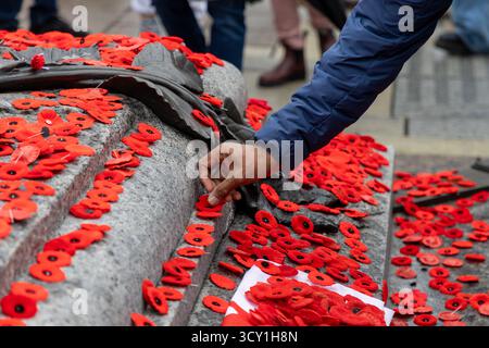 Jour du souvenir à Ottawa, Canada. Les gens plaçant des fleurs de coquelicot rouge sur la tombe du soldat inconnu Banque D'Images