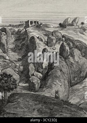 Pancha Rathas est un complexe monolithique indien d'architecture taillée dans la roche à Mahabalipuram sur la côte Coromandel de la baie du Bengale, district de Chengalpattu, État du Tamil Nadu, Inde. Asie du Sud. Huit jours en Inde, 1876 d'Emile Guimet (1836-1918) dessins de la vie de Félix Régamey (1844-1907) le Tour du monde 1888 Banque D'Images