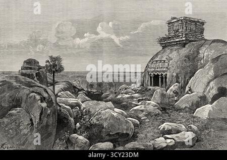 Pancha Rathas est un complexe monolithique indien d'architecture taillée dans la roche à Mahabalipuram sur la côte Coromandel de la baie du Bengale, district de Chengalpattu, État du Tamil Nadu, Inde. Asie du Sud. Huit jours en Inde, 1876 d'Emile Guimet (1836-1918) dessins de la vie de Félix Régamey (1844-1907) le Tour du monde 1888 Banque D'Images