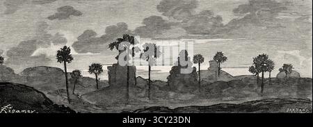 Pancha Rathas est un complexe monolithique indien d'architecture taillée dans la roche à Mahabalipuram sur la côte Coromandel de la baie du Bengale, district de Chengalpattu, État du Tamil Nadu, Inde. Asie du Sud. Huit jours en Inde, 1876 d'Emile Guimet (1836-1918) dessins de la vie de Félix Régamey (1844-1907) le Tour du monde 1888 Banque D'Images