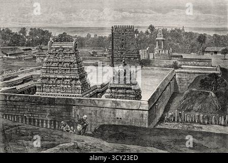 Pancha Rathas est un complexe monolithique indien d'architecture taillée dans la roche à Mahabalipuram sur la côte Coromandel de la baie du Bengale, district de Chengalpattu, État du Tamil Nadu, Inde. Asie du Sud. Huit jours en Inde, 1876 d'Emile Guimet (1836-1918) dessins de la vie de Félix Régamey (1844-1907) le Tour du monde 1888 Banque D'Images
