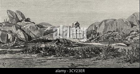 Pancha Rathas est un complexe monolithique indien d'architecture taillée dans la roche à Mahabalipuram sur la côte Coromandel de la baie du Bengale, district de Chengalpattu, État du Tamil Nadu, Inde. Asie du Sud. Huit jours en Inde, 1876 d'Emile Guimet (1836-1918) dessins de la vie de Félix Régamey (1844-1907) le Tour du monde 1888 Banque D'Images