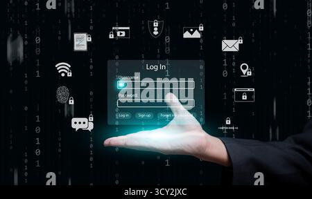 Formulaire de connexion numérique futuriste flottant au-dessus d'une main humaine avec des icônes de protection des données, représentant la sécurité du réseau, le cryptage et les accès en ligne sécurisés Banque D'Images