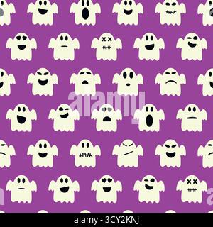 Fantôme ou personnage fantôme avec un visage souriant mignon. Motif sans couture fantôme mignon d'Halloween. Illustration vectorielle. Illustration de Vecteur