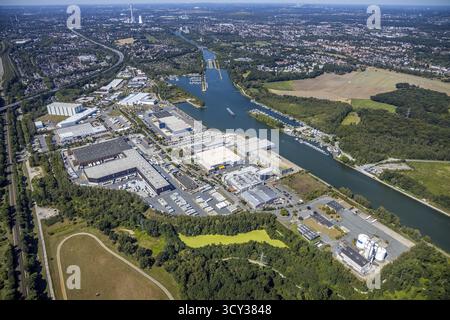 Vue aérienne, écluse Herne-Ost, zone industrielle Friedrich der grosse, bateaux à la jetée, amarrage place Automobilclub und Motorbootclub Castrop-Rauxel Banque D'Images