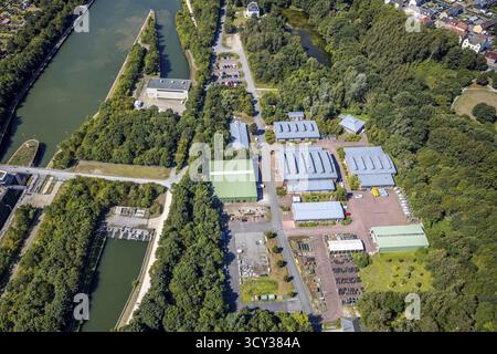 Vue aérienne, écluse Herne-Ost, voies navigables et Office maritime Duisburg-Meiderich Bauhof Herne, canal Rhin-Herne, Herne, région de la Ruhr, Rhénanie du Nord-Westphalie Banque D'Images